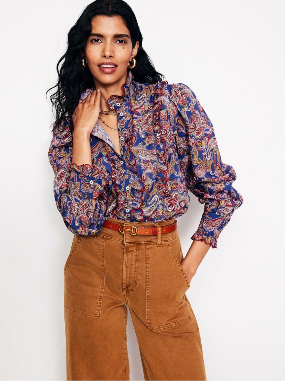 Boden Paisley Print Ruffle Cotton Button Blouse